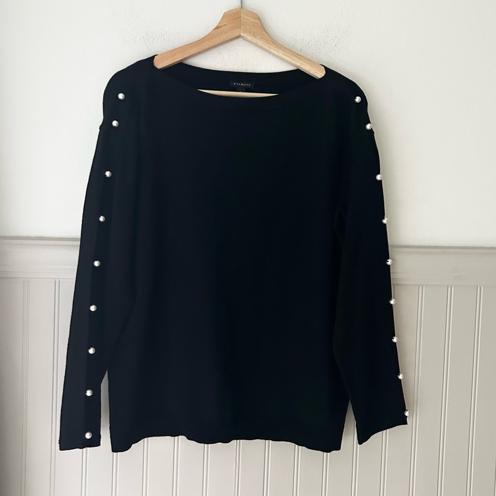 Talbots Black Sweater Medium Pearl Embellished Sleeve Long Sleeve Elegant Top